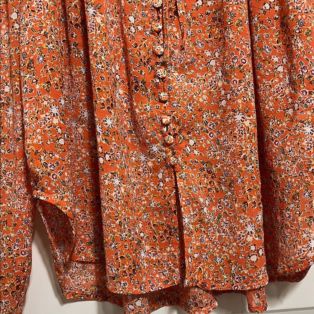 Free People Lela Floral Smocked Ruffle Blouse in Coral Sz XS - Picture 4 of 9